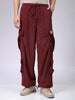 Men's Burgundy Loose Wide Leg Textured Mid-Rise Elasticated Cargo Joggers