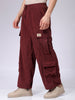 Men's Burgundy Loose Wide Leg Textured Mid-Rise Elasticated Cargo Joggers
