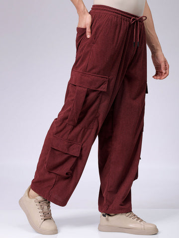 Men's Burgundy Loose Wide Leg Textured Mid-Rise Elasticated Cargo Joggers