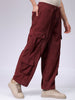 Men's Burgundy Loose Wide Leg Textured Mid-Rise Elasticated Cargo Joggers