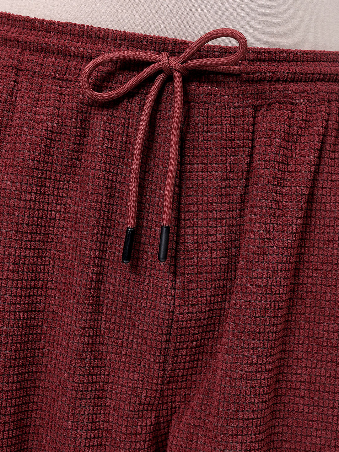 Men's Burgundy Loose Wide Leg Textured Mid-Rise Elasticated Cargo Joggers