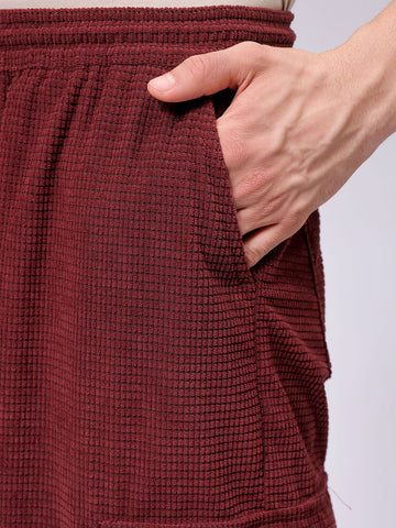 Men's Burgundy Loose Wide Leg Textured Mid-Rise Elasticated Cargo Joggers