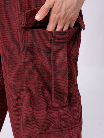 Men's Burgundy Loose Wide Leg Textured Mid-Rise Elasticated Cargo Joggers