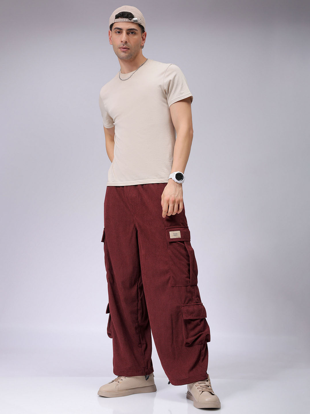 Men's Burgundy Loose Wide Leg Textured Mid-Rise Elasticated Cargo Joggers