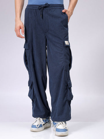 Men's Blue Loose Wide Leg Textured Mid-Rise Elasticated Cargo Joggers