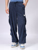 Men's Blue Loose Wide Leg Textured Mid-Rise Elasticated Cargo Joggers