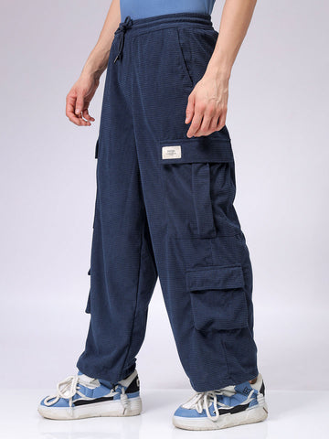 Men's Blue Loose Wide Leg Textured Mid-Rise Elasticated Cargo Joggers