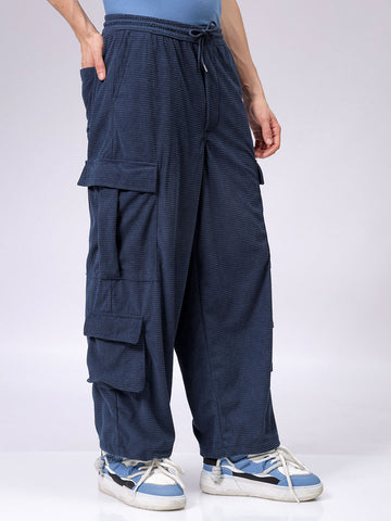 Men's Blue Loose Wide Leg Textured Mid-Rise Elasticated Cargo Joggers
