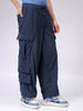 Men's Blue Loose Wide Leg Textured Mid-Rise Elasticated Cargo Joggers