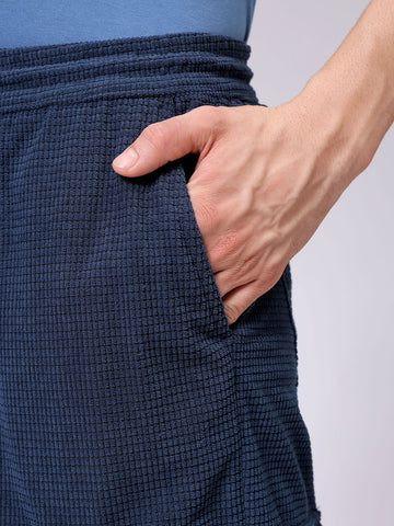 Men's Blue Loose Wide Leg Textured Mid-Rise Elasticated Cargo Joggers