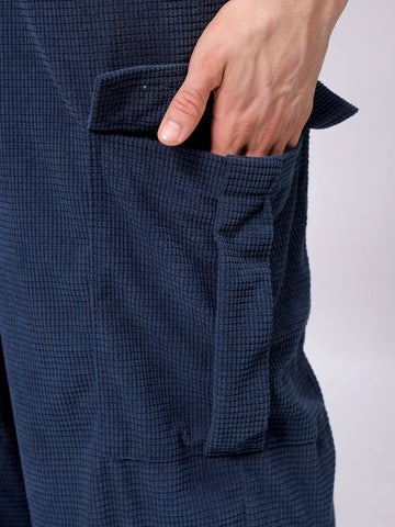 Men's Blue Loose Wide Leg Textured Mid-Rise Elasticated Cargo Joggers