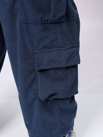 Men's Blue Loose Wide Leg Textured Mid-Rise Elasticated Cargo Joggers