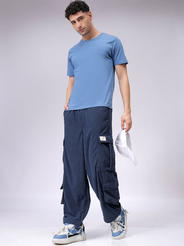 Men's Blue Loose Wide Leg Textured Mid-Rise Elasticated Cargo Joggers
