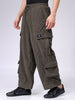 Men's Olive Loose Wide Leg Textured Mid-Rise Elasticated Cargo Joggers
