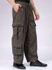 Men's Olive Loose Wide Leg Textured Mid-Rise Elasticated Cargo Joggers