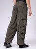 Men's Olive Loose Wide Leg Textured Mid-Rise Elasticated Cargo Joggers