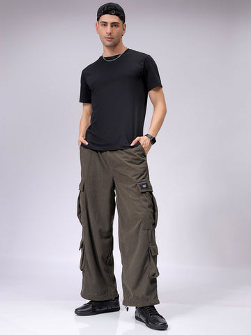 Men's Olive Loose Wide Leg Textured Mid-Rise Elasticated Cargo Joggers