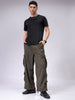 Men's Olive Loose Wide Leg Textured Mid-Rise Elasticated Cargo Joggers