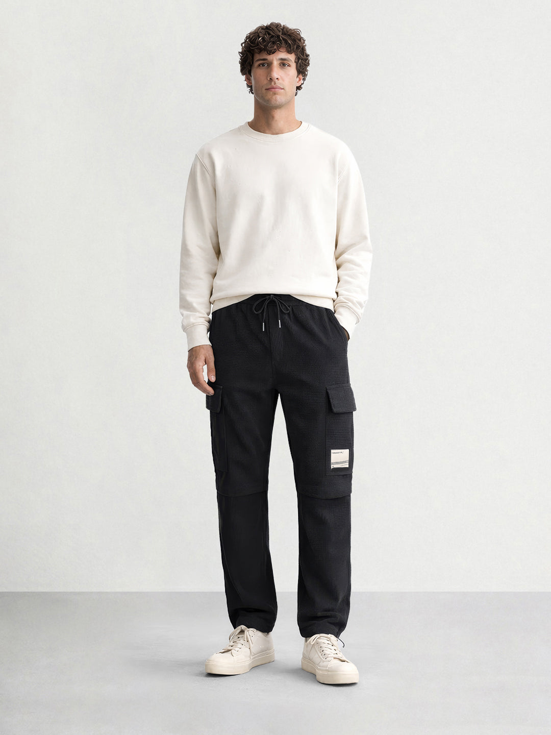 Men's Black Baggy Fit Textured Utility Cargo