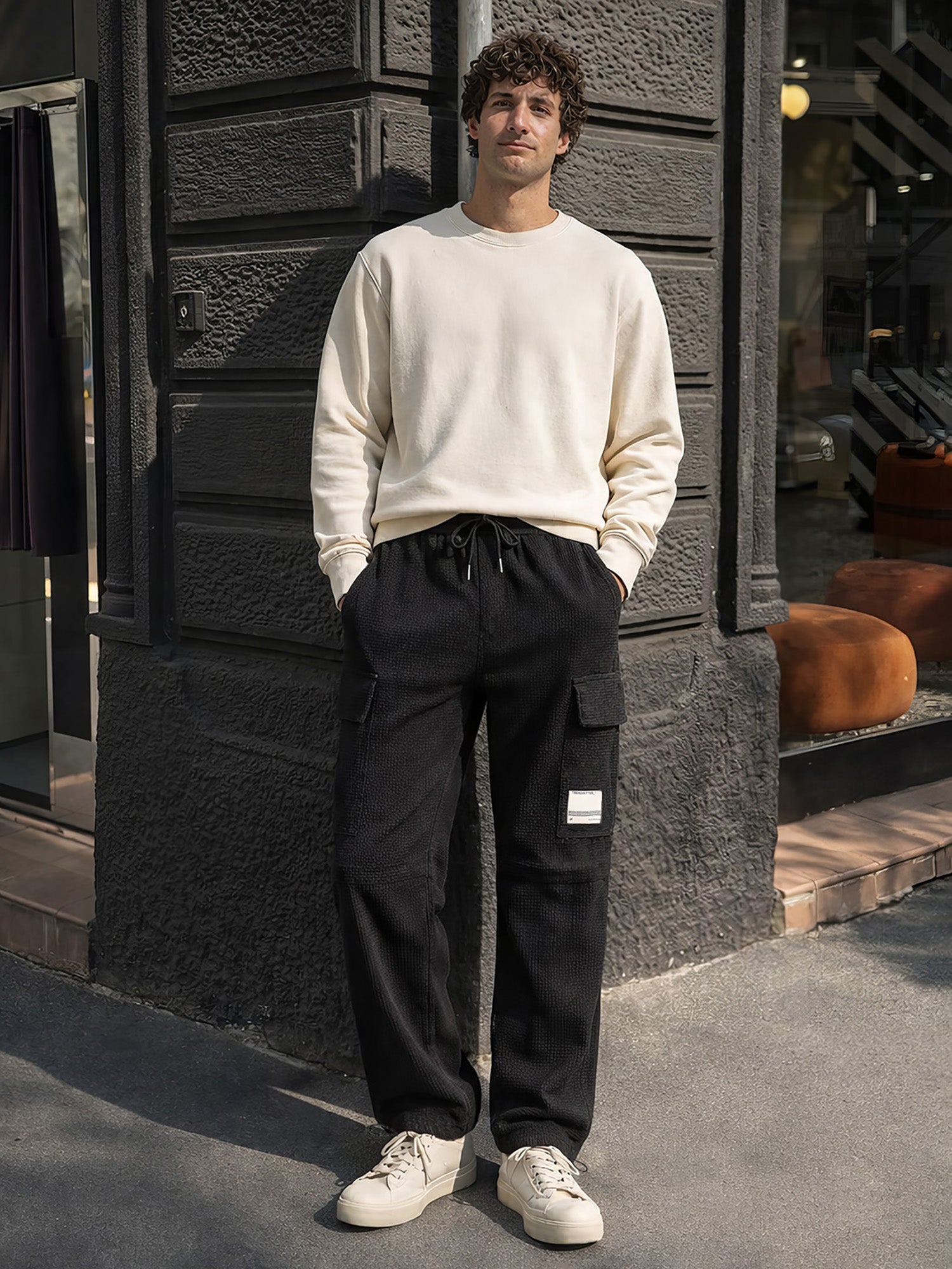 Men's Black Baggy Fit Textured Utility Cargo