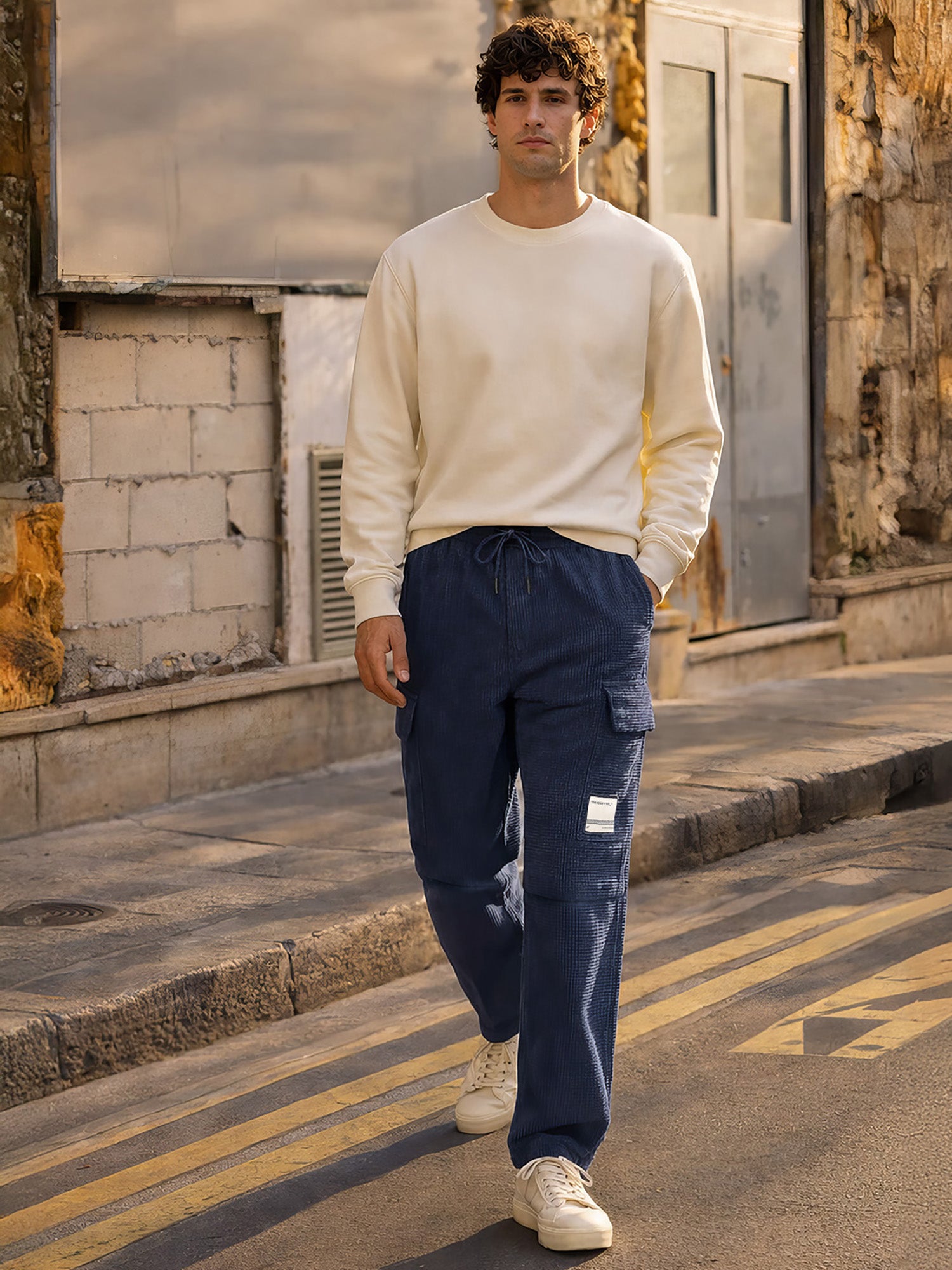 Men's Blue Baggy Fit Textured Utility Cargo