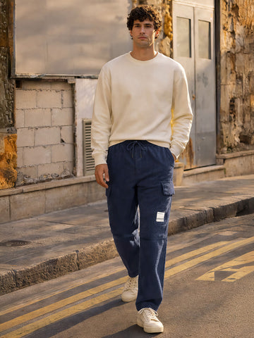 Men's Blue Baggy Fit Textured Utility Cargo