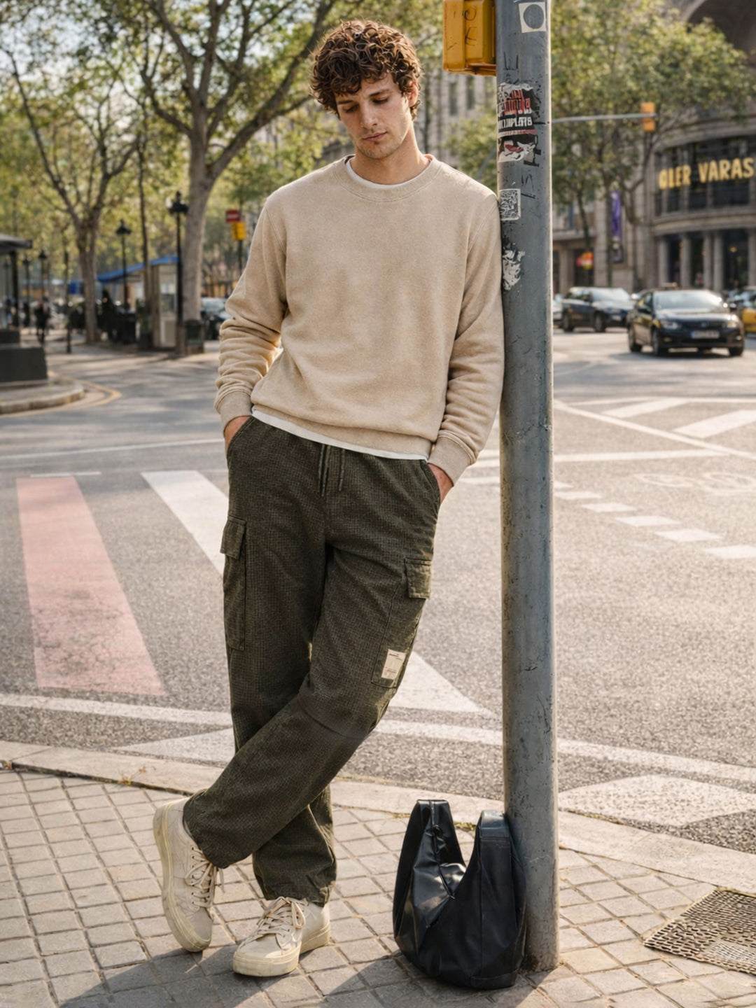 Men's Olive Baggy Fit Textured Utility Cargo