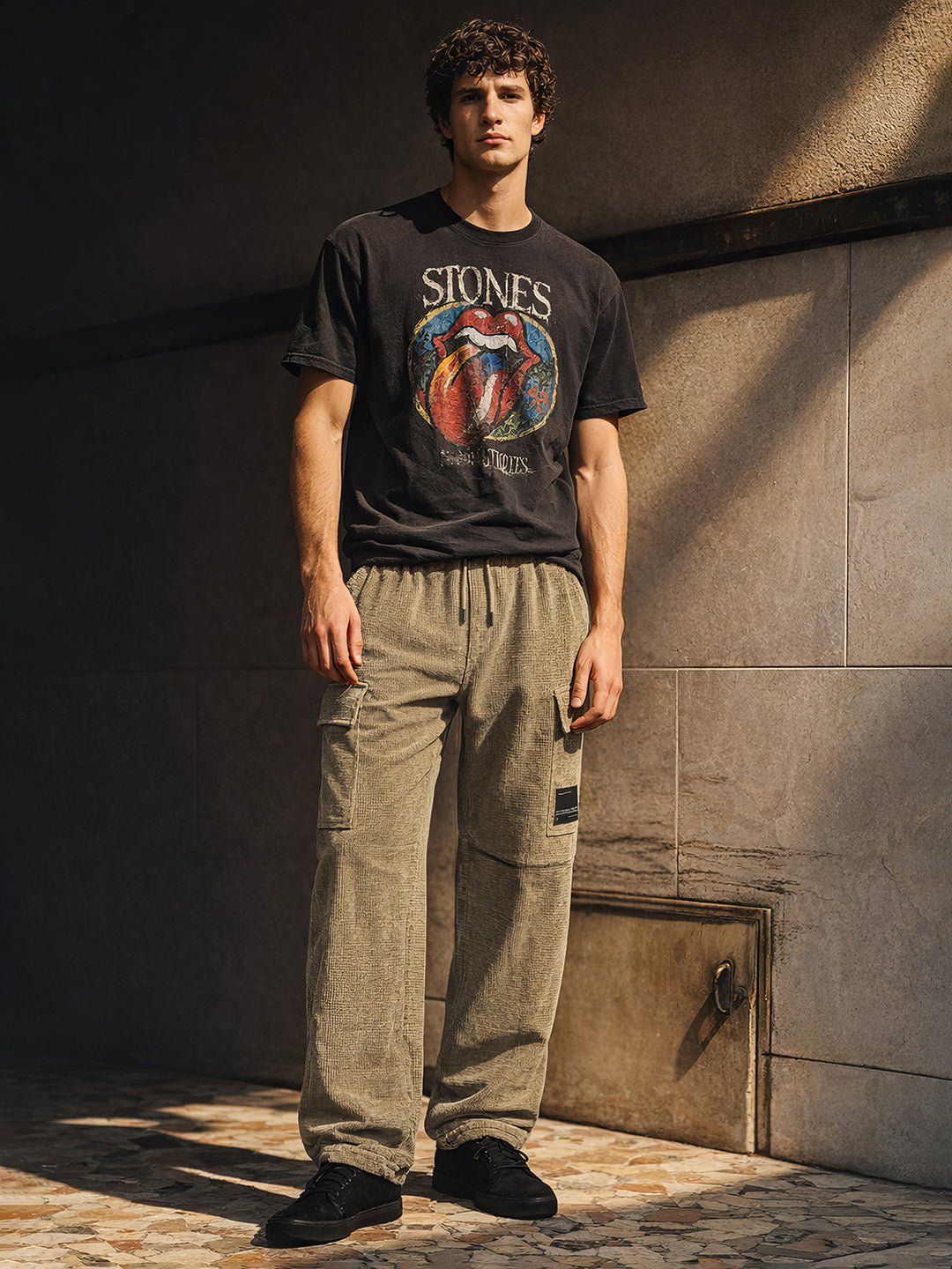 Men's Grey Baggy Fit Textured Utility Cargo