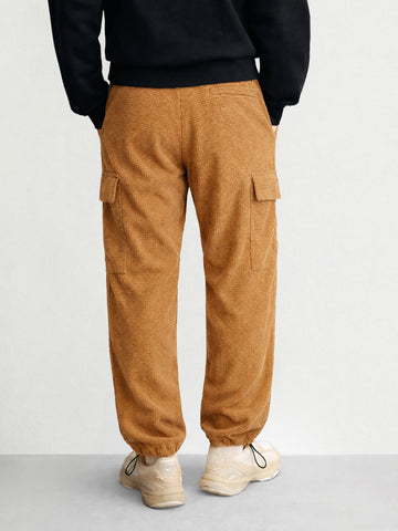 Men's Khaki Baggy Fit Textured Utility Cargo