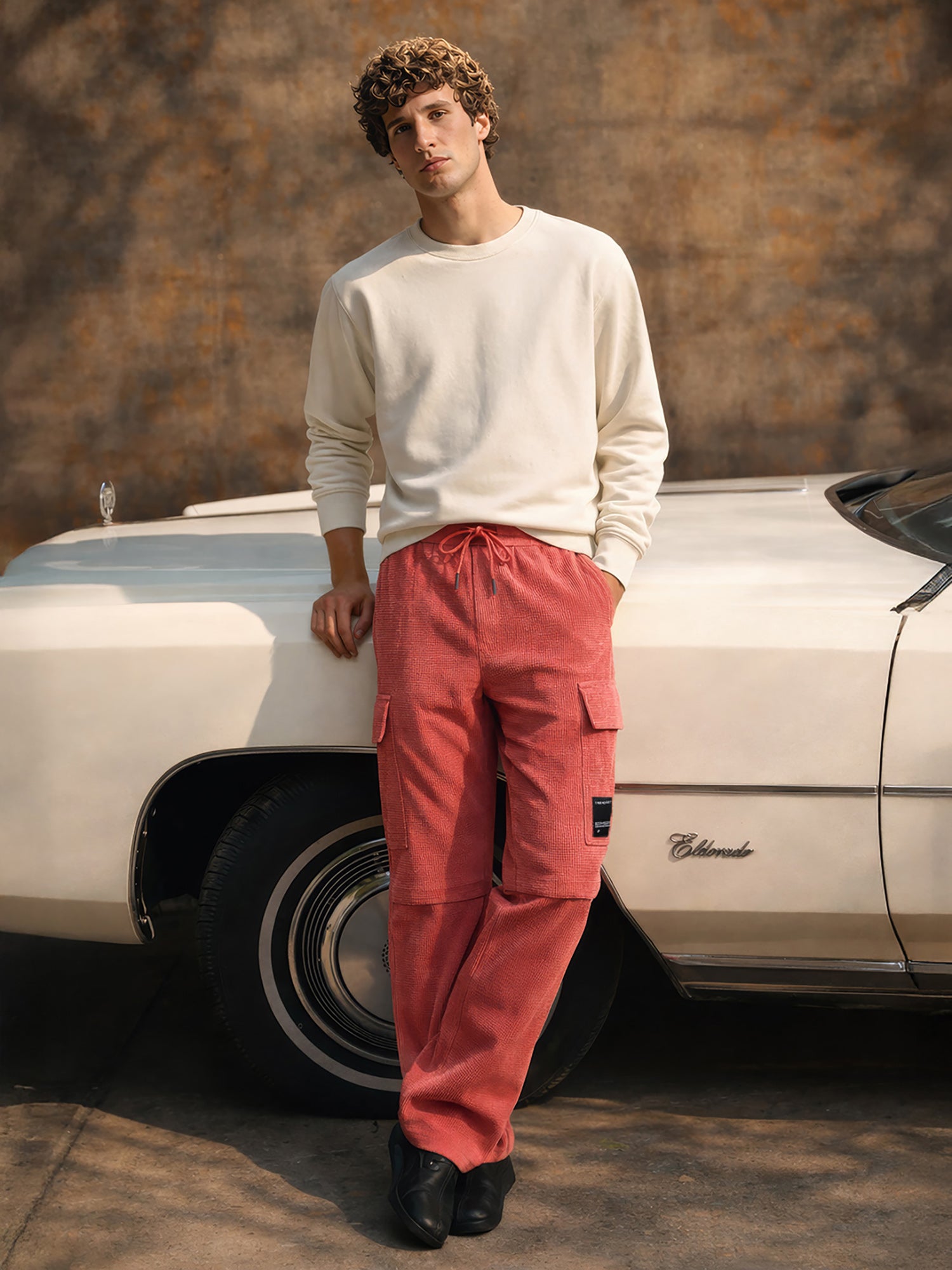 Men's Red Baggy Fit Textured Utility Cargo