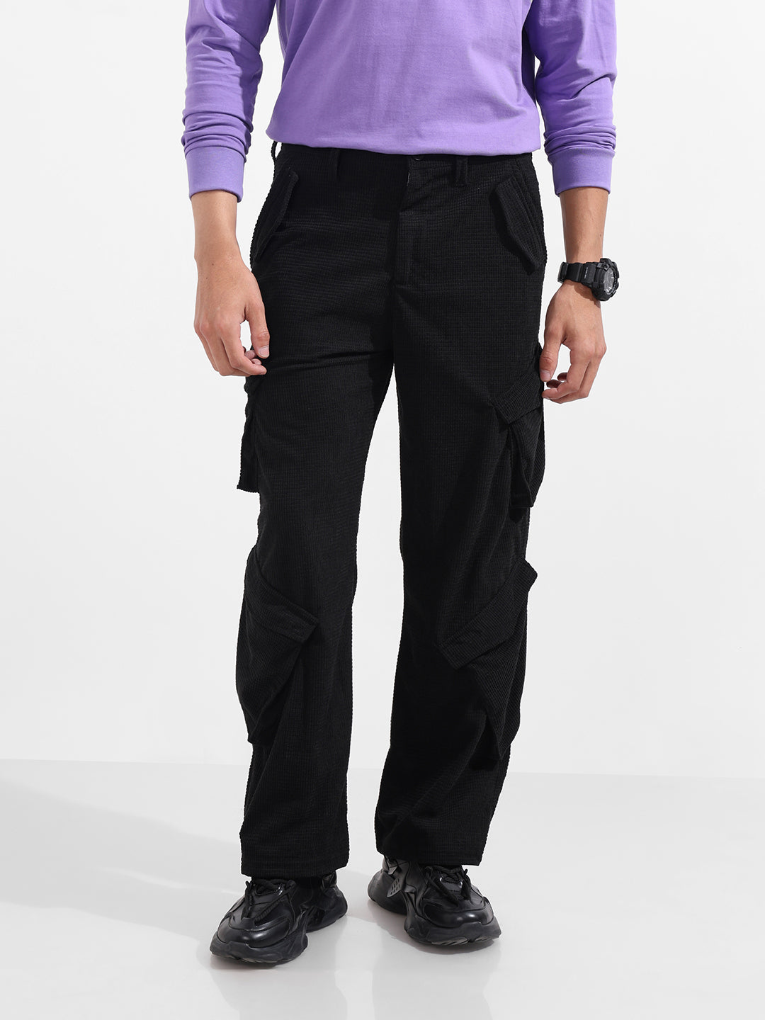 Men's Black Baggy Fit Textured Utility Cargo