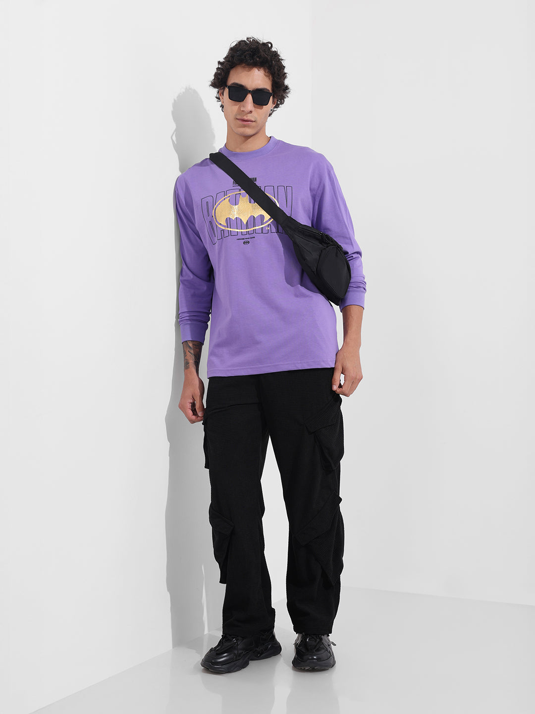 Men's Black Baggy Fit Textured Utility Cargo