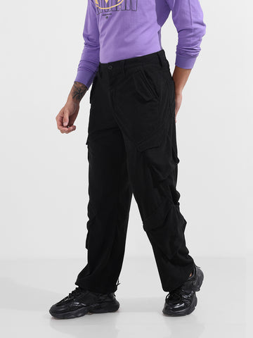 Men's Black Baggy Fit Textured Utility Cargo
