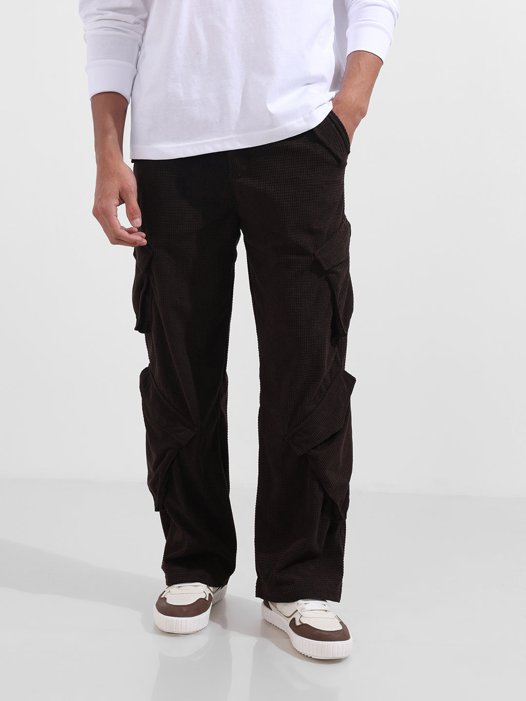 Men's Brown Baggy Fit Textured Utility Cargo