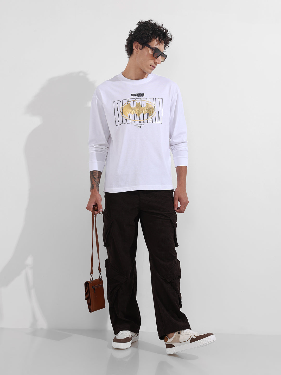 Men's Brown Baggy Fit Textured Utility Cargo