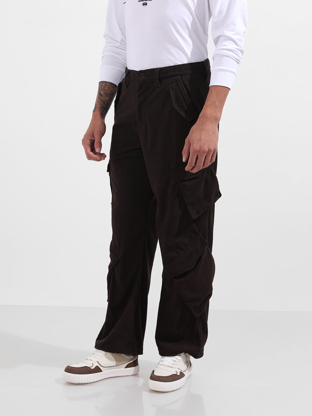 Men's Brown Baggy Fit Textured Utility Cargo