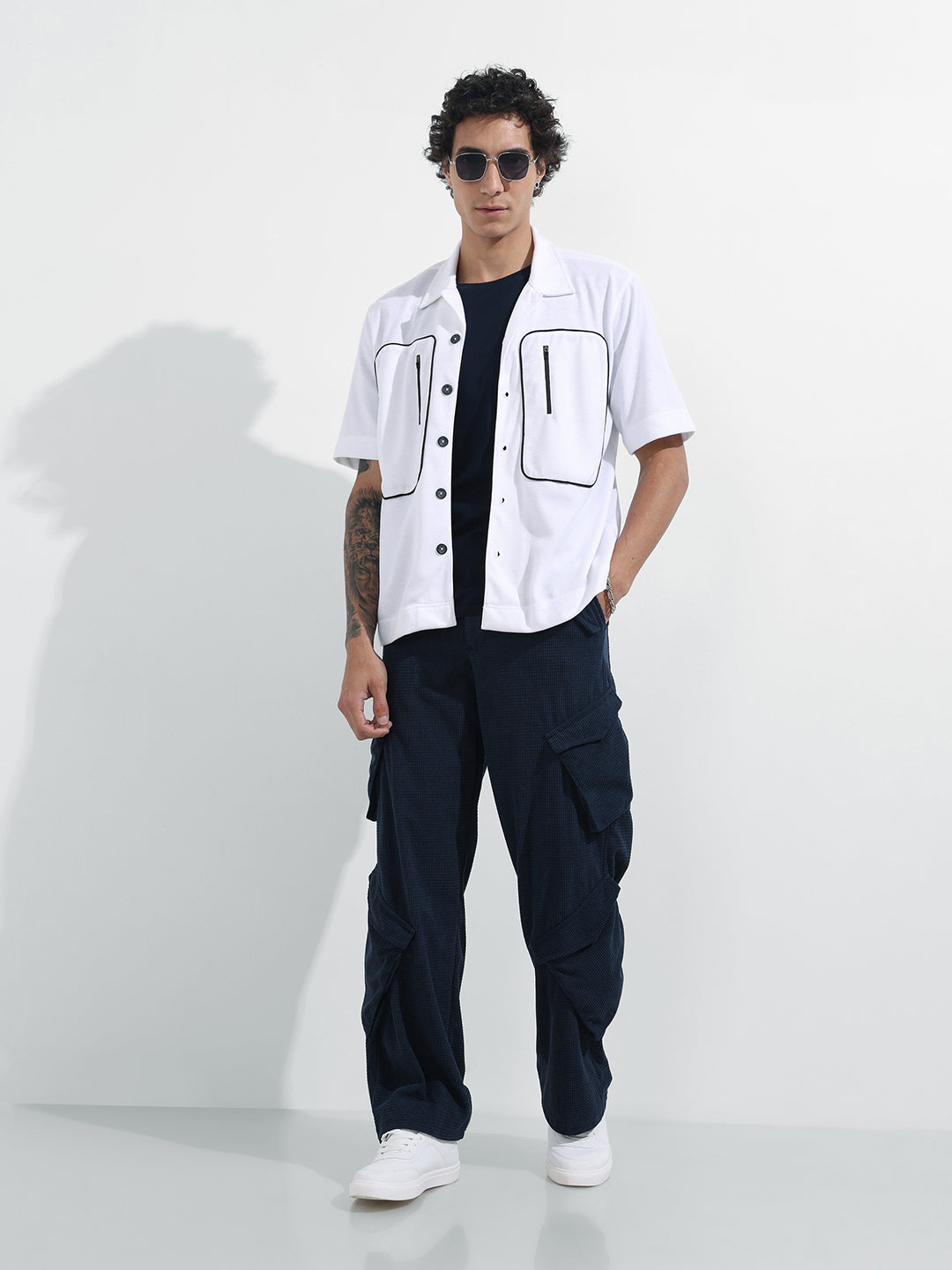 Men's Blue Baggy Fit Textured Utility Cargo