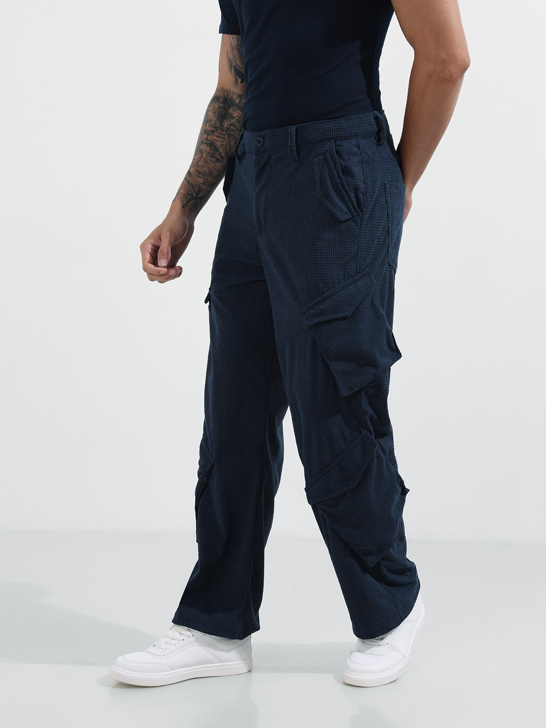 Men's Blue Baggy Fit Textured Utility Cargo