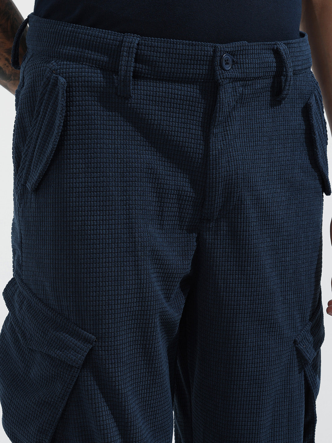 Men's Blue Baggy Fit Textured Utility Cargo