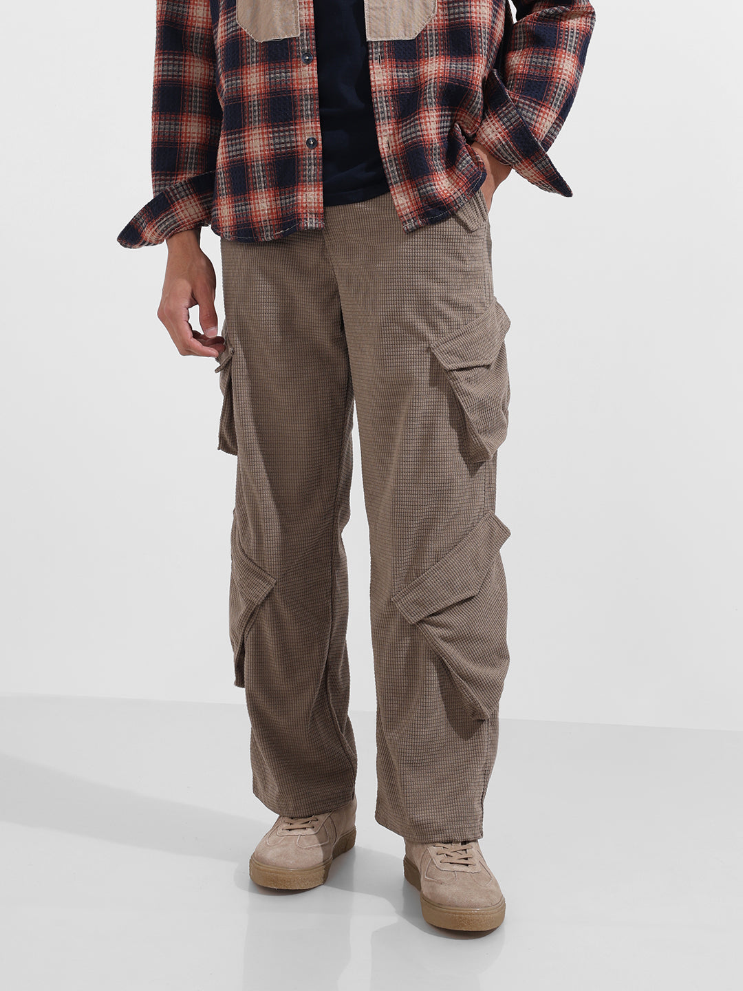 Men's Grey Baggy Fit Textured Utility Cargo