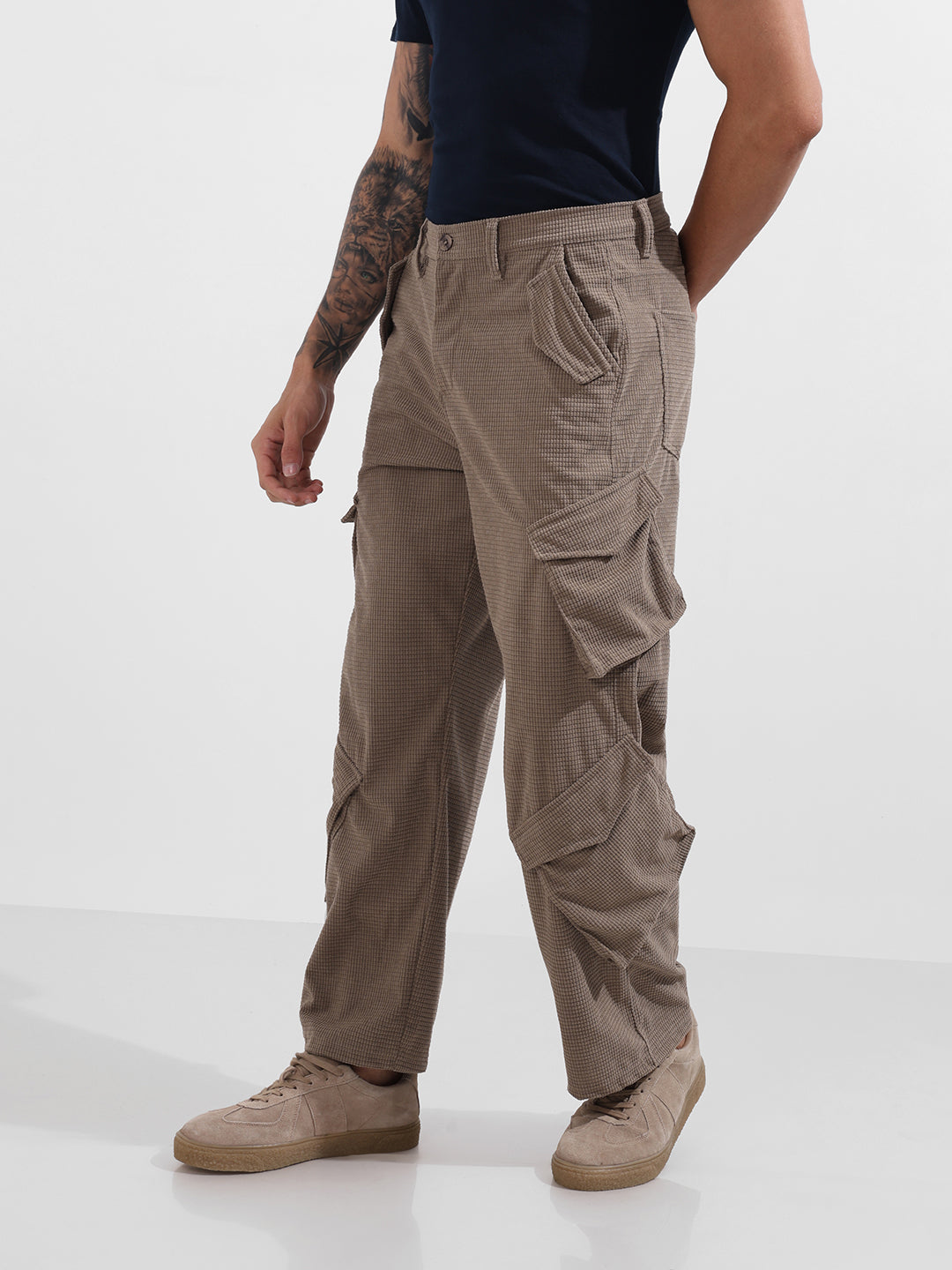 Men's Grey Baggy Fit Textured Utility Cargo