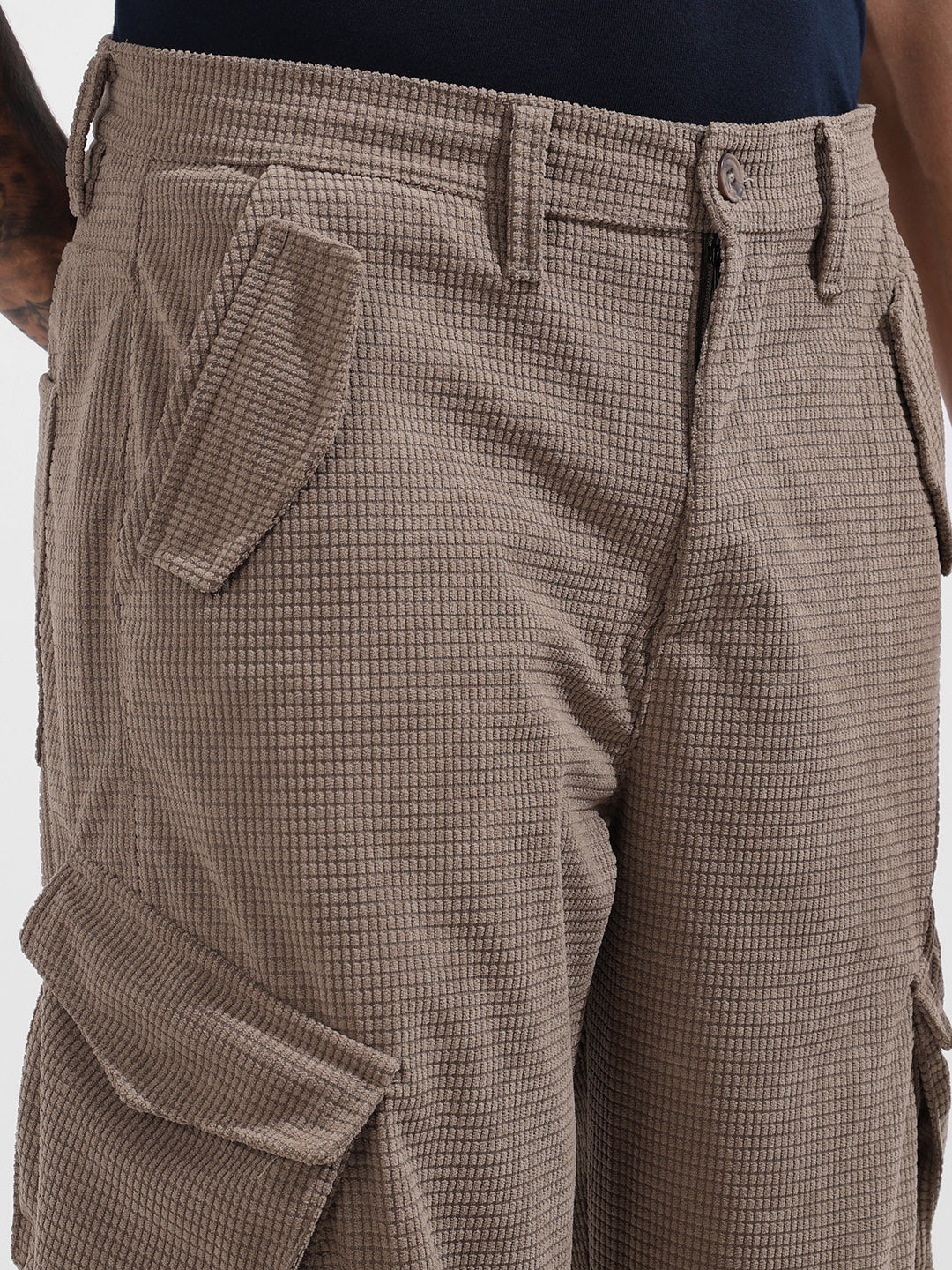 Men's Grey Baggy Fit Textured Utility Cargo