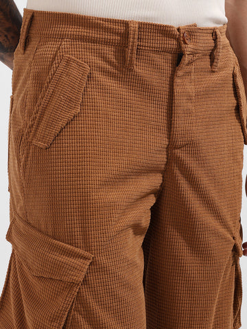 Men's Khaki Baggy Fit Textured Utility Cargo