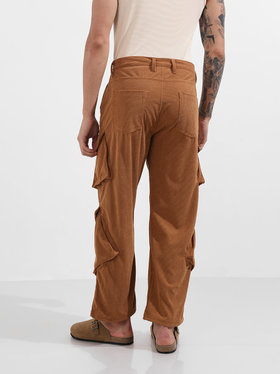 Men's Khaki Baggy Fit Textured Utility Cargo