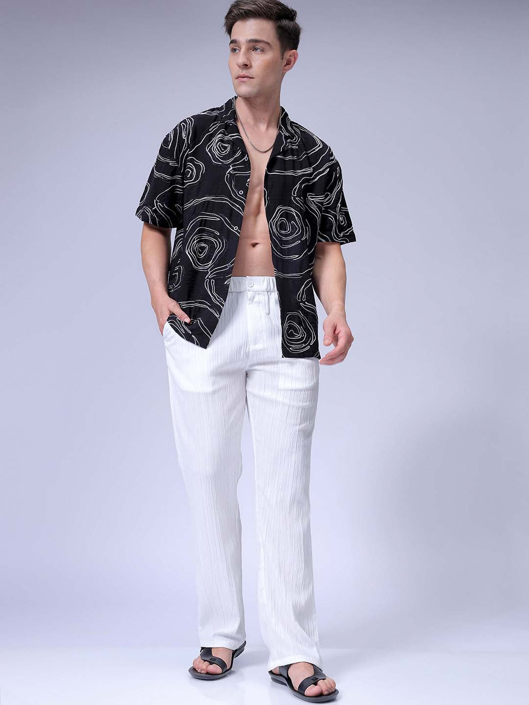 Men's White Loose Fit Resort Wear Trousers