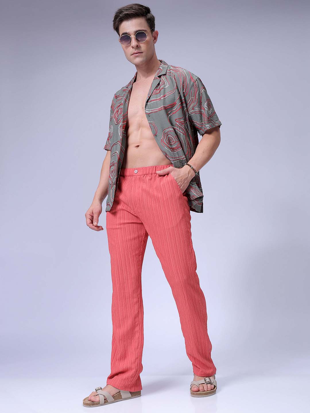 Men's Maroon Loose Fit Resort Wear Trousers