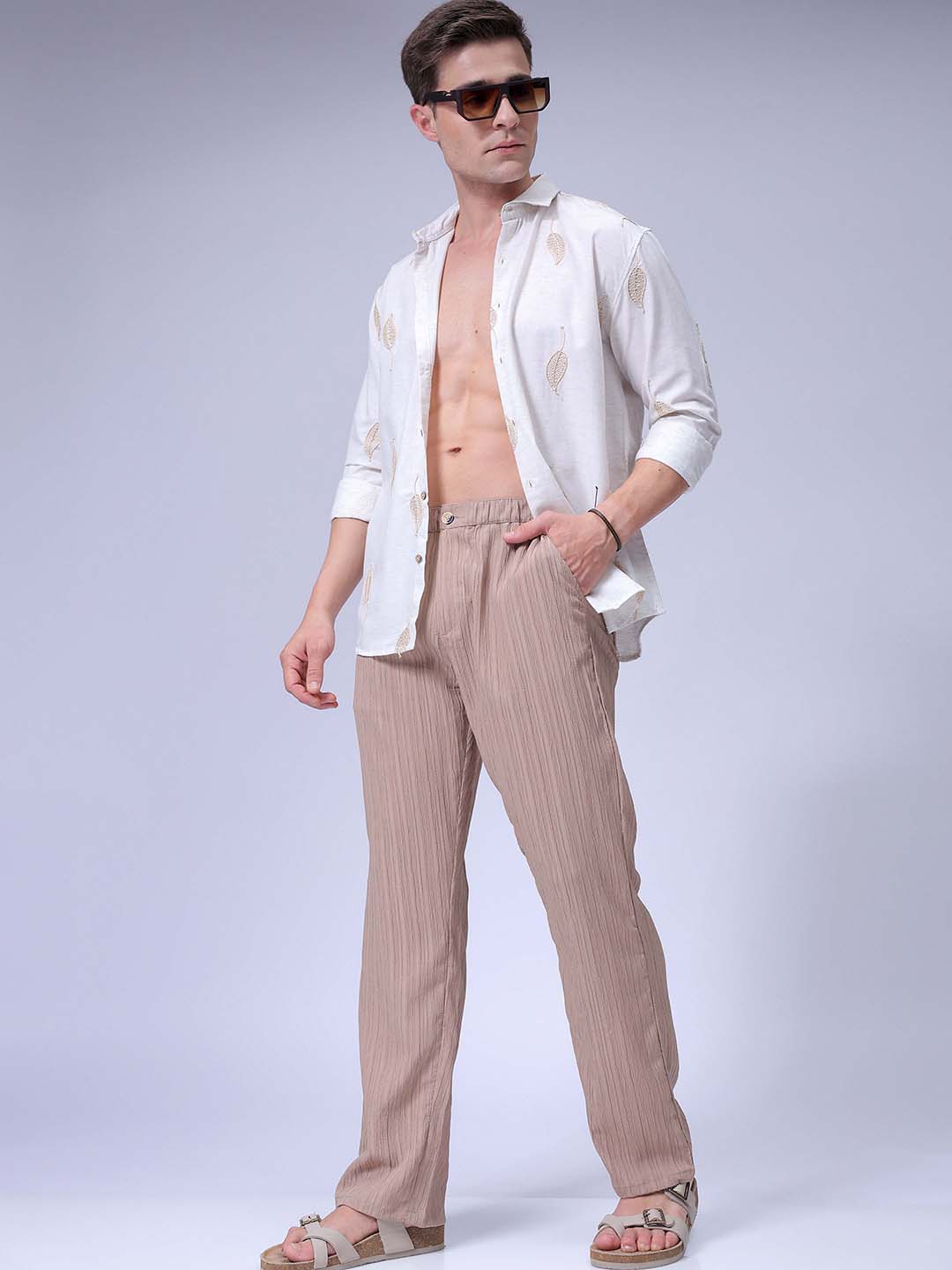 Men's Beige Loose Fit Resort Wear Trousers