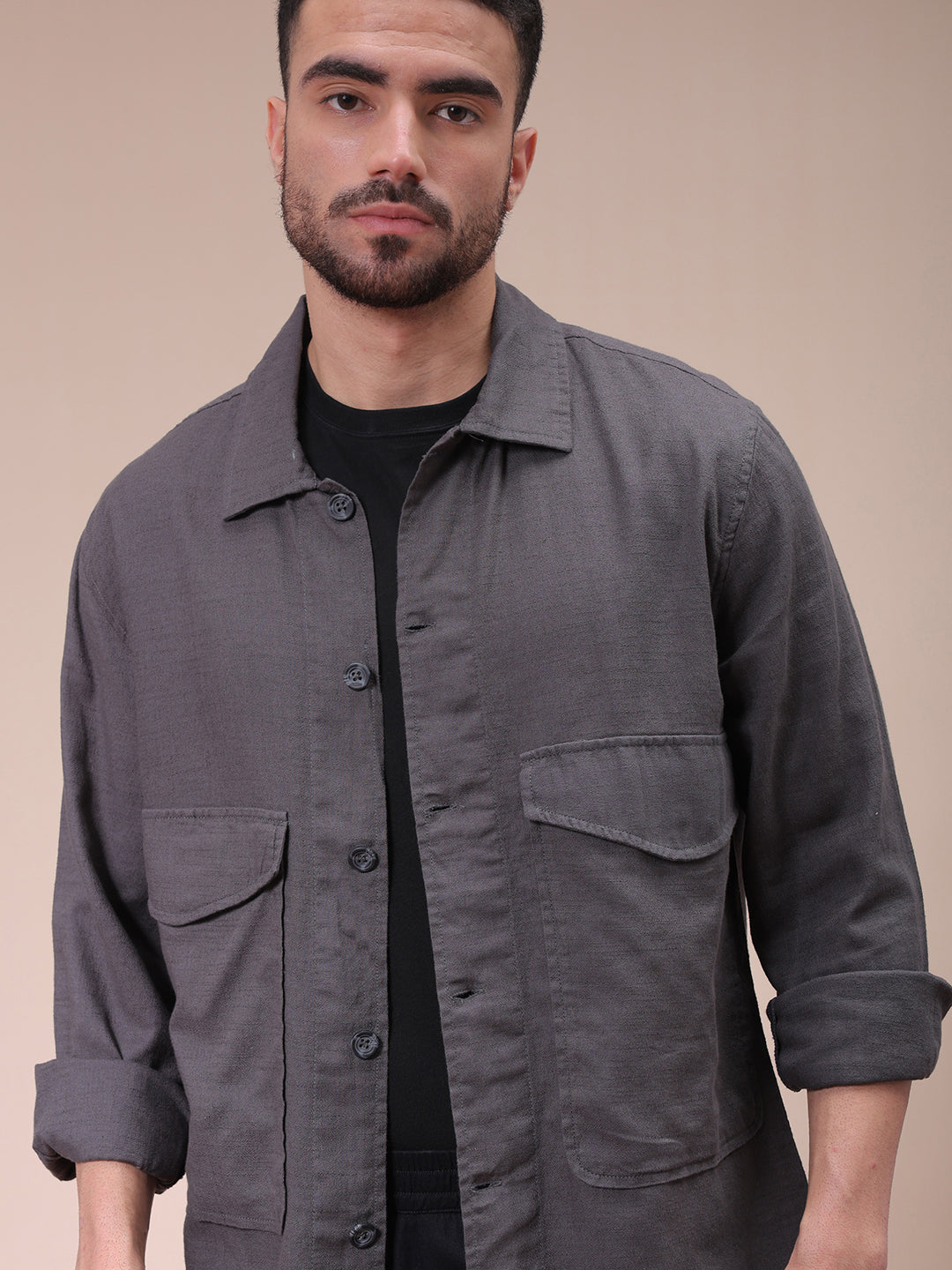 Men's Charcoal Regular Fit Solid Overshirt