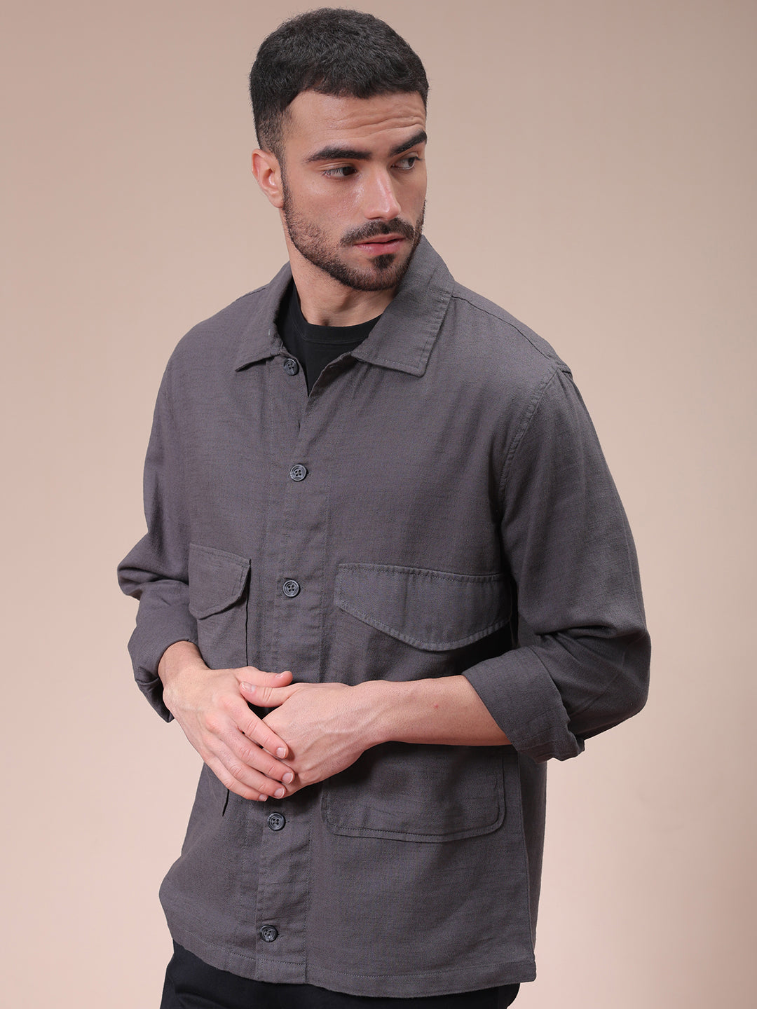 Men's Charcoal Regular Fit Solid Overshirt