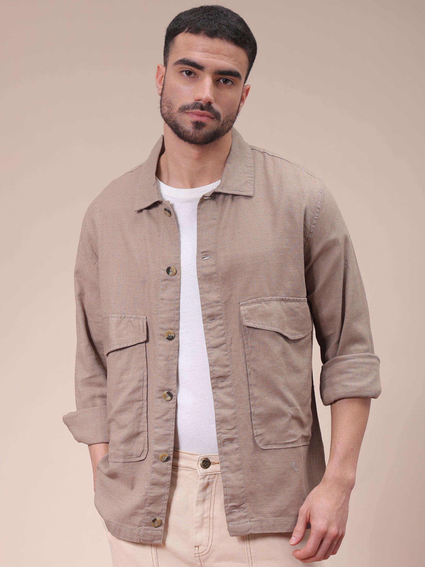 Men's Beige Regular Fit Solid Overshirt